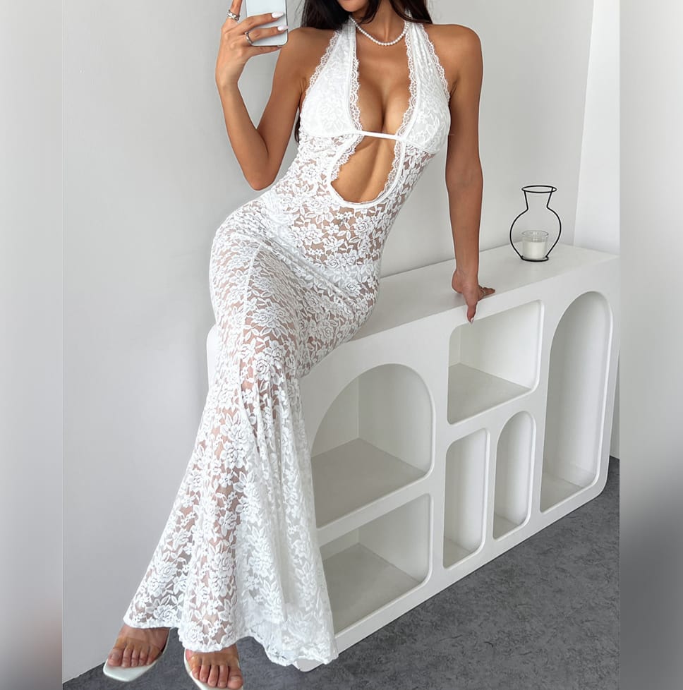 Halter Neck Transparent Dress - Elegant Sheer Evening & Vacation Wear