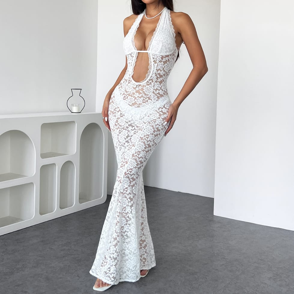 Halter Neck Transparent Dress - Elegant Sheer Evening & Vacation Wear