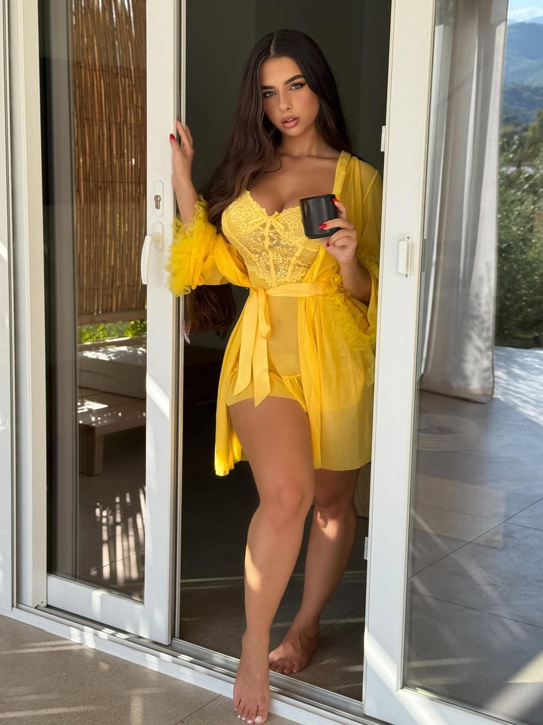 Elegant Yellow Lace Robe Nighty - Luxurious Sleepwear